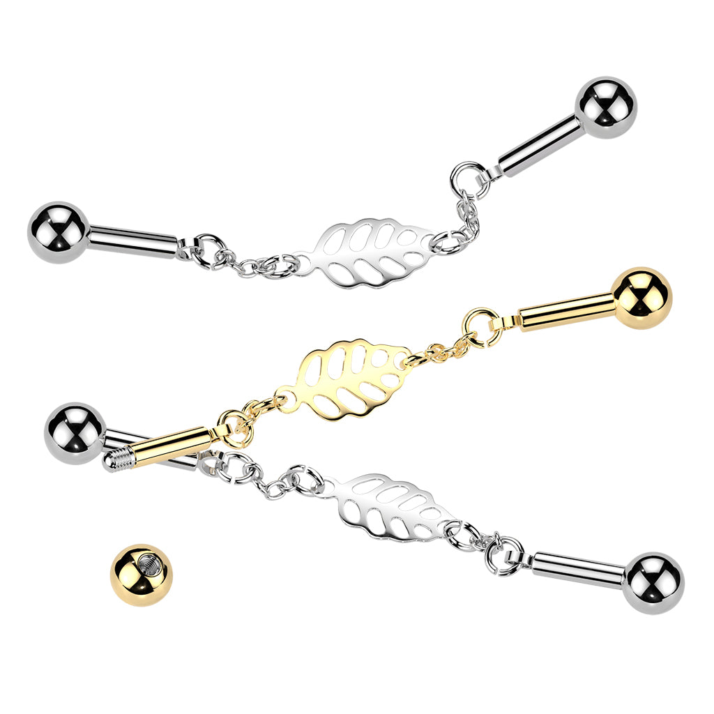Centered Leaf Connector Chain Industrial Barbell - Gold-Industrial Barbells-4-Glitters