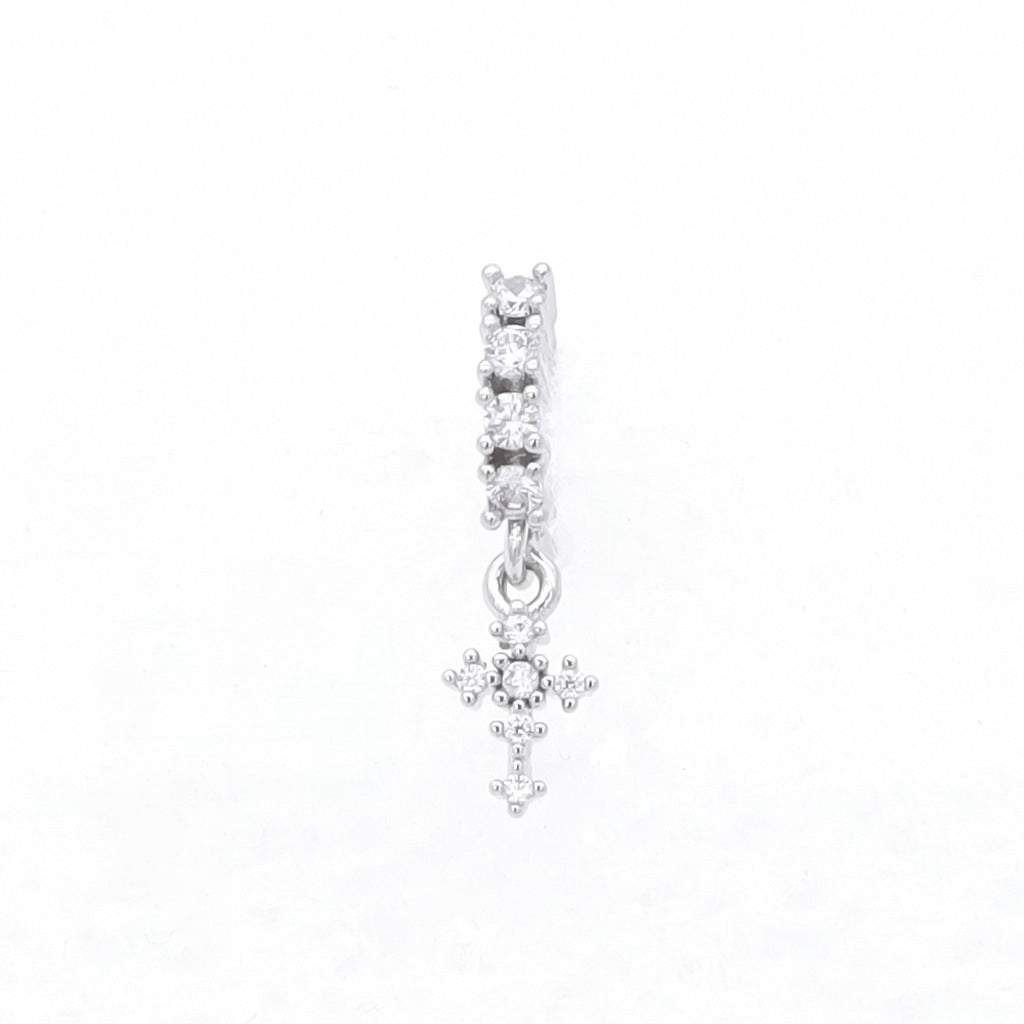 CZ Hoop Nose Ring with Dangle Cross - Silver-Nose Studs-1-Glitters