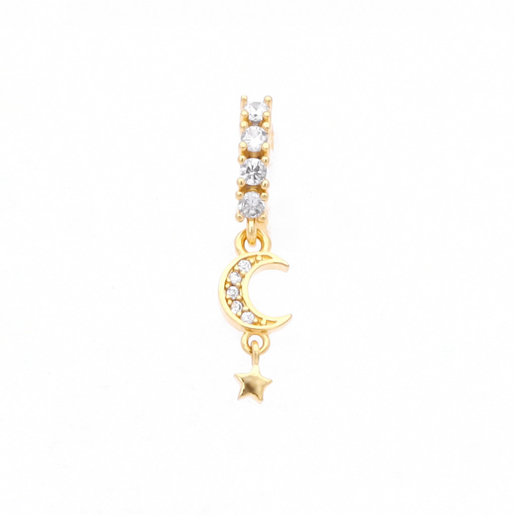 CZ Hoop Nose Ring with Dangle CZ Moon and Star - Gold-Nose Studs-1-Glitters