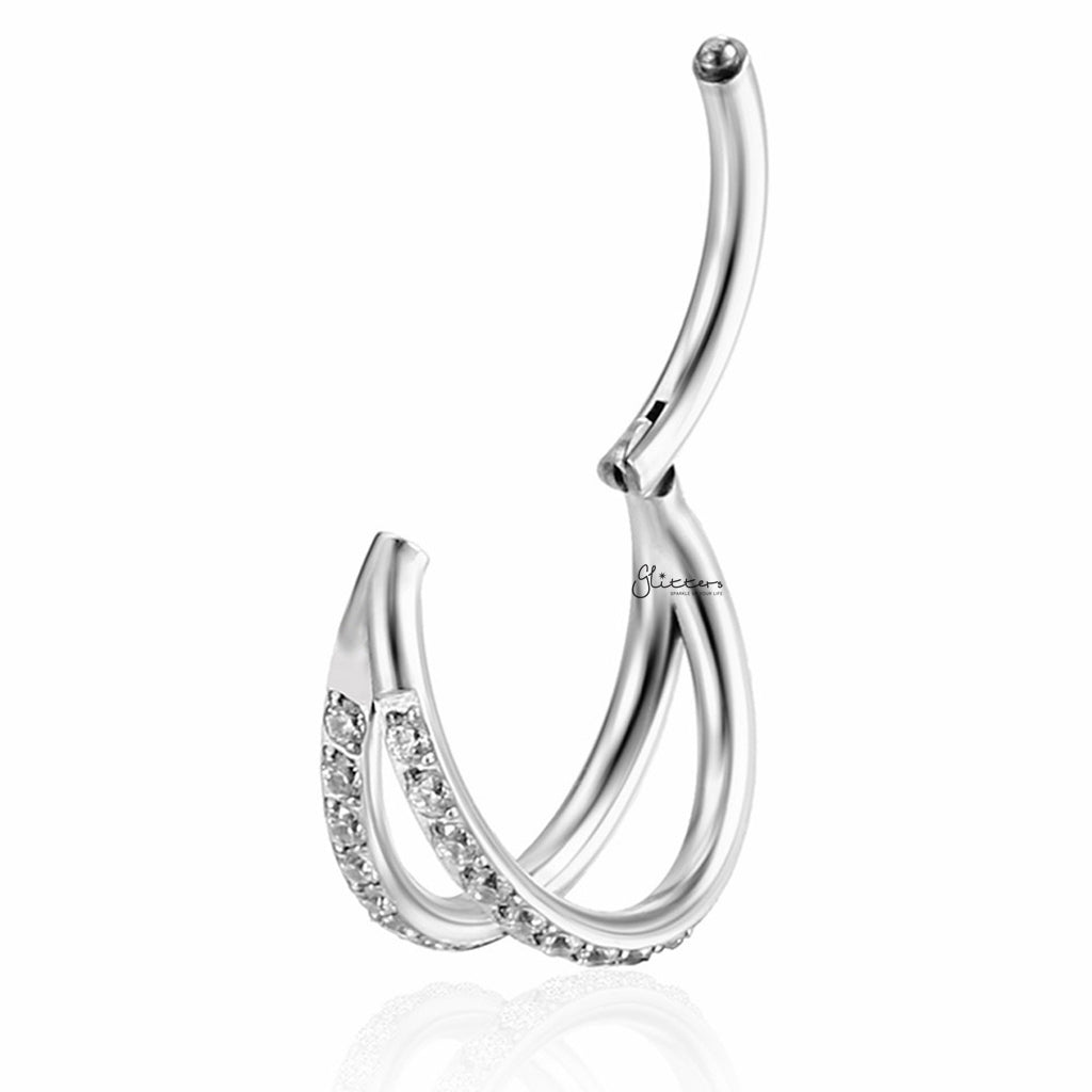 CZ Paved Double Lines Hinged Segment Hoop Ring-Septum Rings-3-Glitters