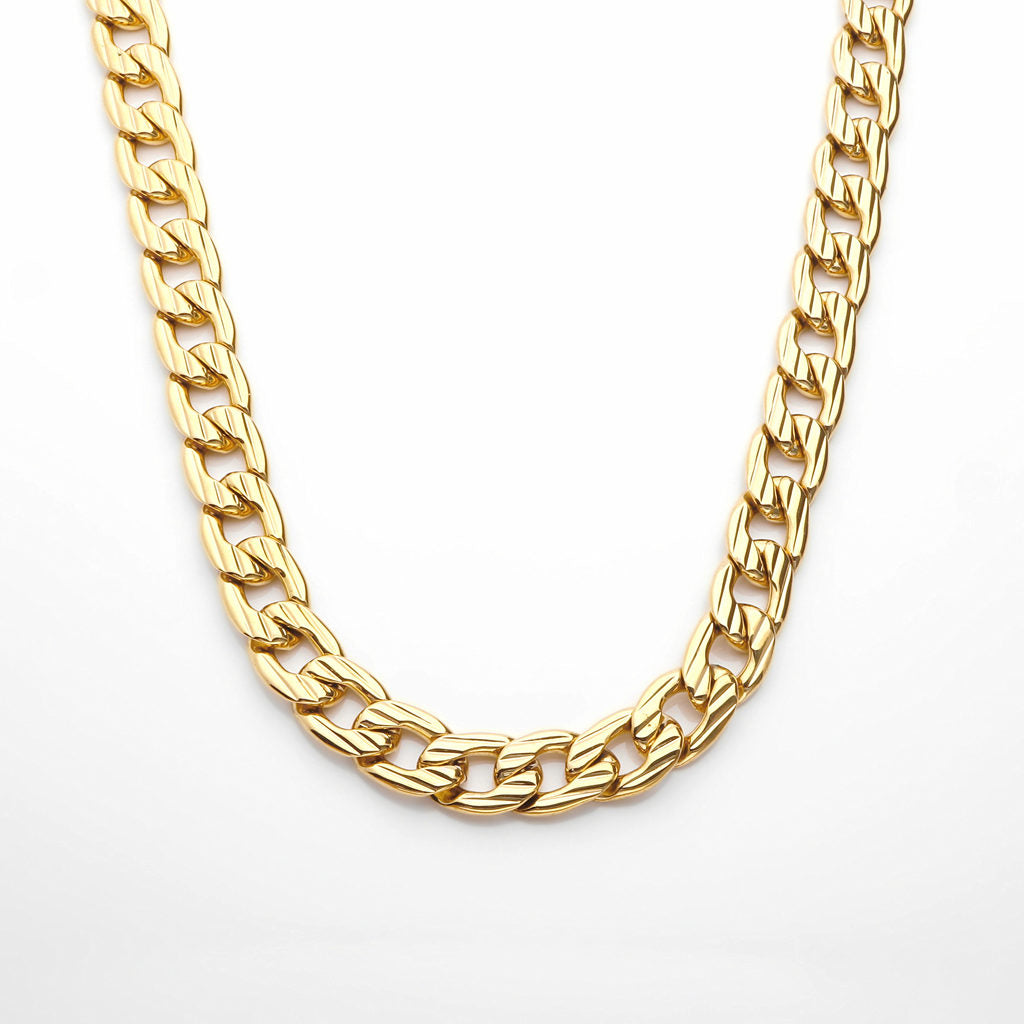 Stainless Steel 11mm Stripe Pattern Link Chain Necklace - Gold-Stainless Steel Chains-1-Glitters