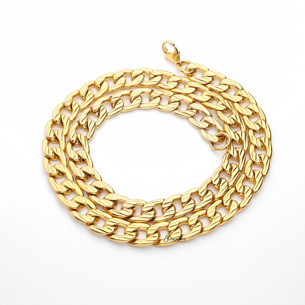 Stainless Steel 11mm Stripe Pattern Link Chain Necklace - Gold-Stainless Steel Chains-3-Glitters