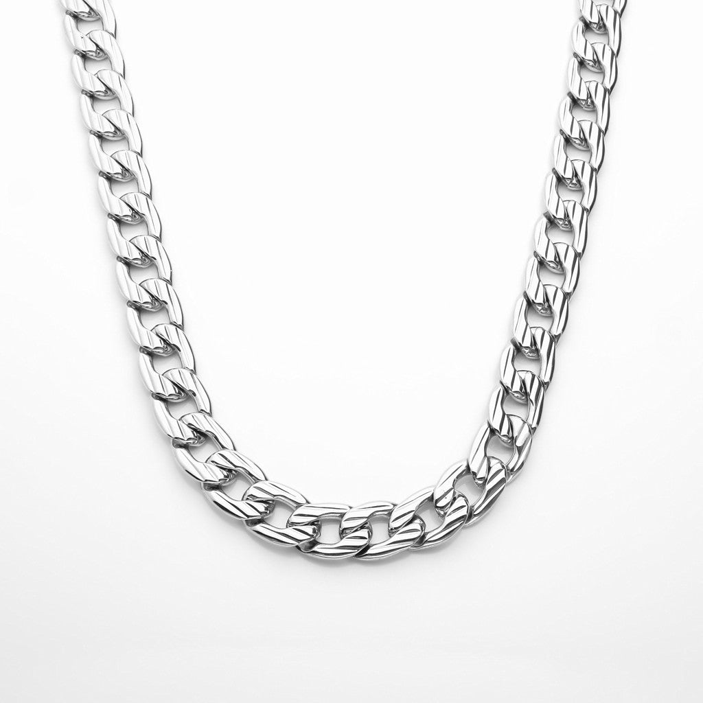 Stainless Steel 11mm Stripe Pattern Link Chain Necklace - Silver-Stainless Steel Chains-1-Glitters