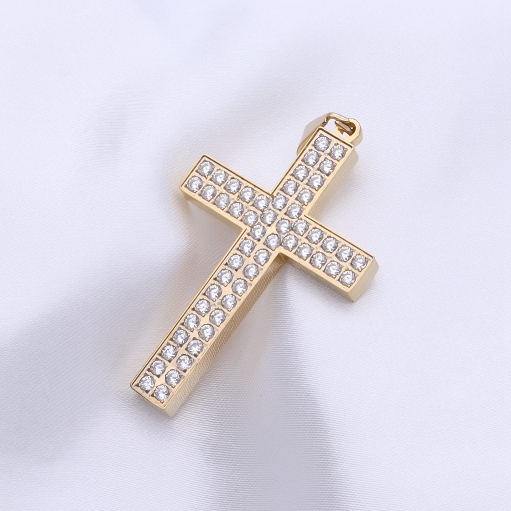 CZ Paved Stainless Steel Cross Pendant - Gold-Pendants-2-Glitters