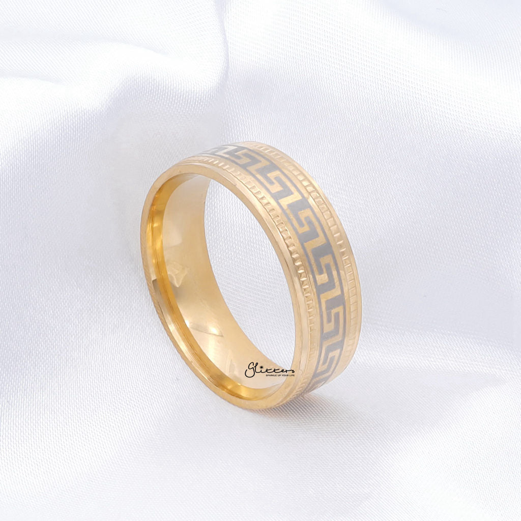 Stainless Steel Greek Key Pattern Band Ring - Gold-Stainless Steel Rings-2-Glitters