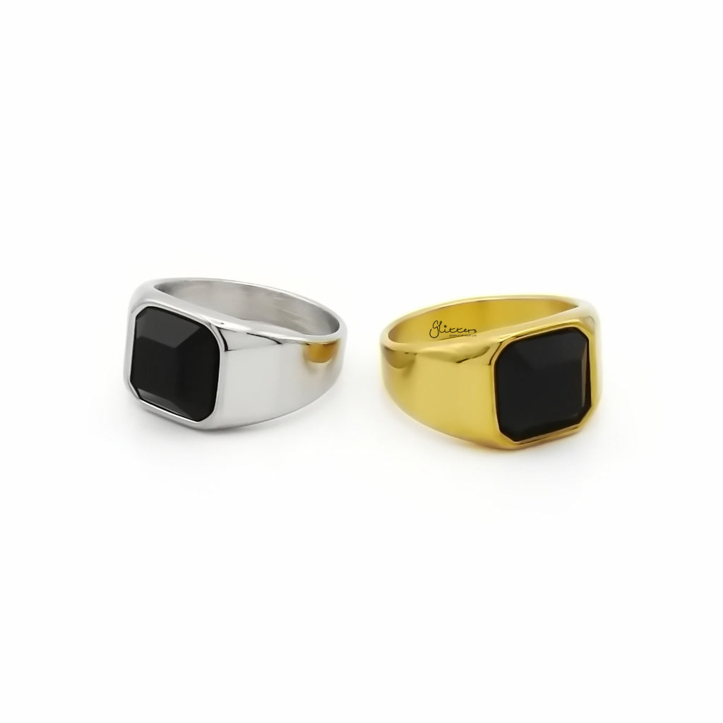 Stainless Steel Black Glass Signet Ring - Silver