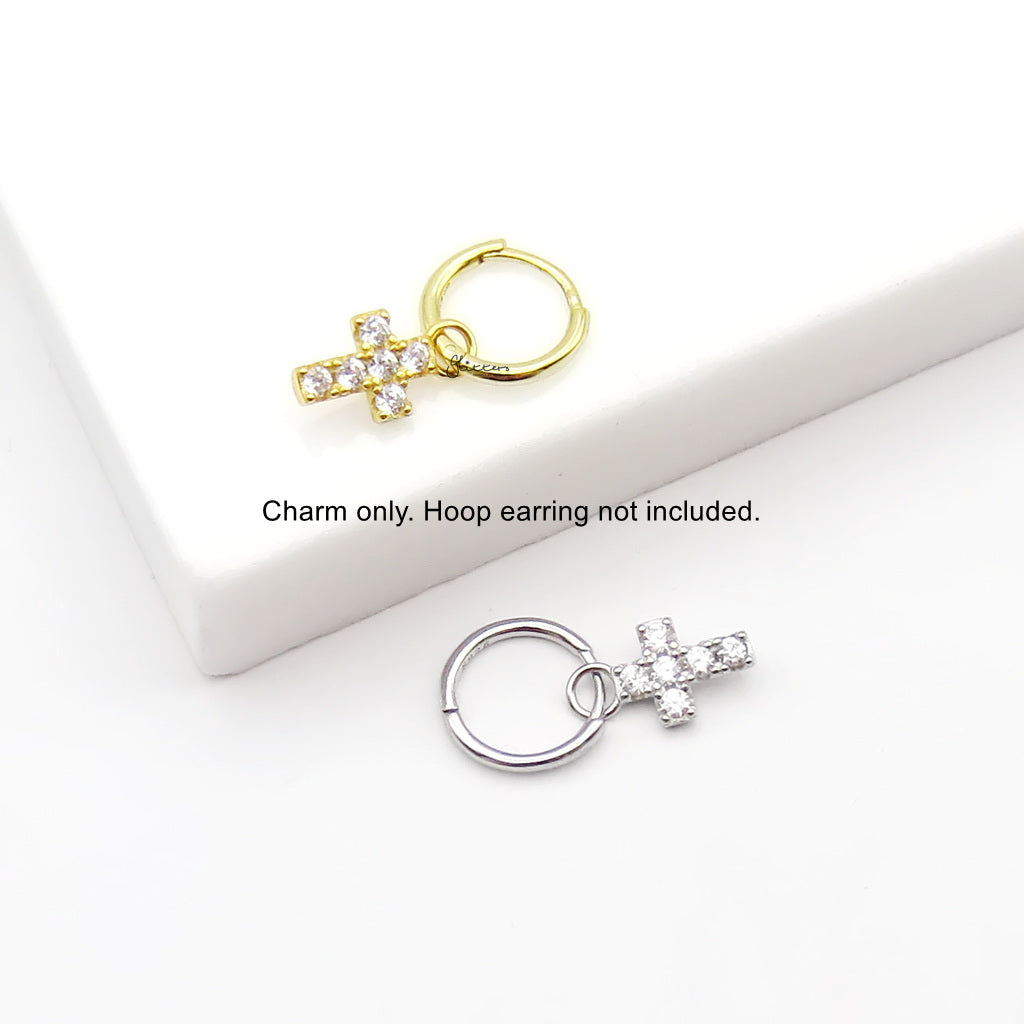 925 Sterling Silver CZ Cross Hoop Earring Dangle Charm