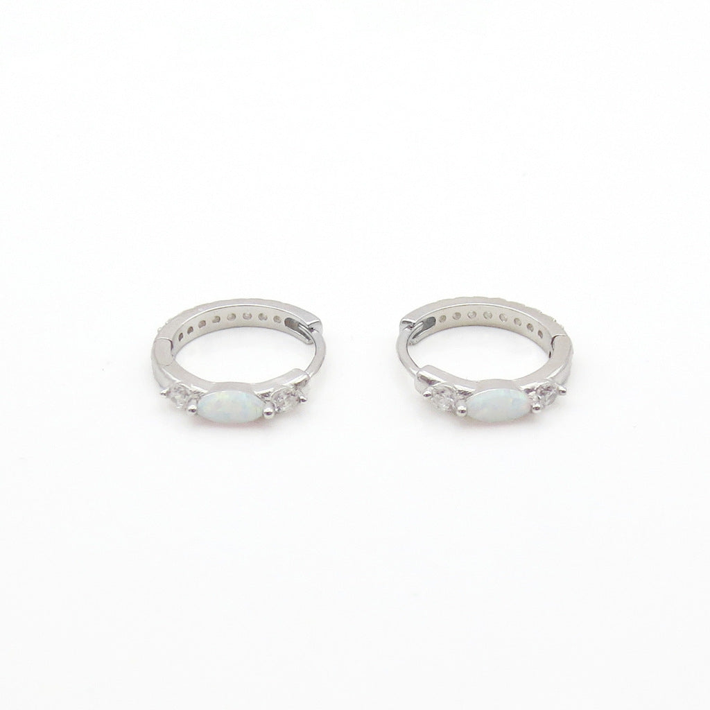 Marquise Opal and CZ Huggie Hoop Earrings - Silver-Hoop Earrings-1-Glitters