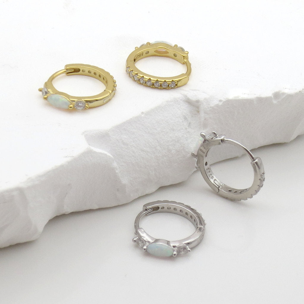 Marquise Opal and CZ Huggie Hoop Earrings - Gold-Hoop Earrings-5-Glitters