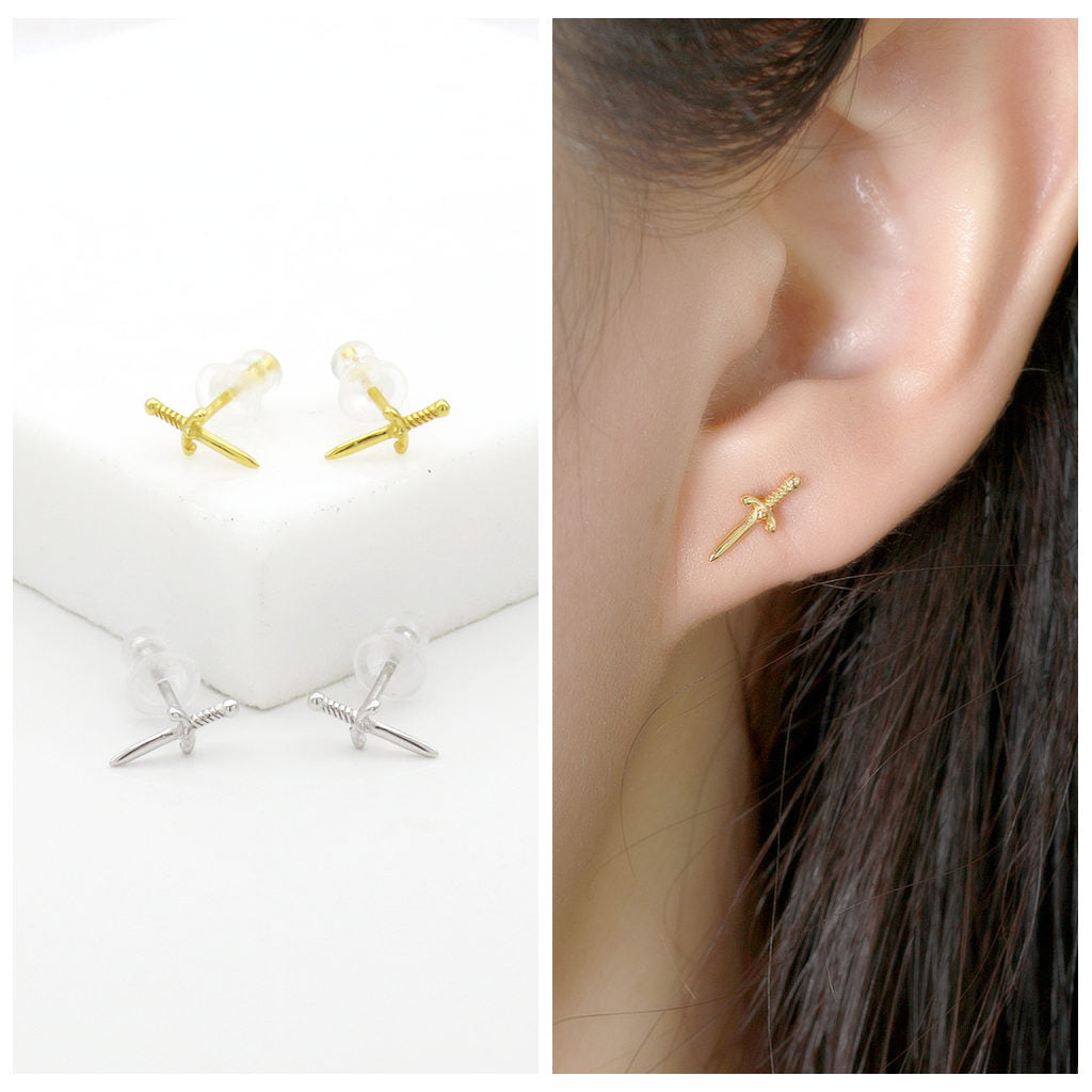 Sterling Silver Dagger Stud Earrings - Gold-Stud Earrings-2-Glitters