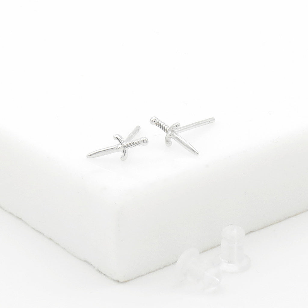 Sterling Silver Dagger Stud Earrings - Silver-Stud Earrings-3-Glitters