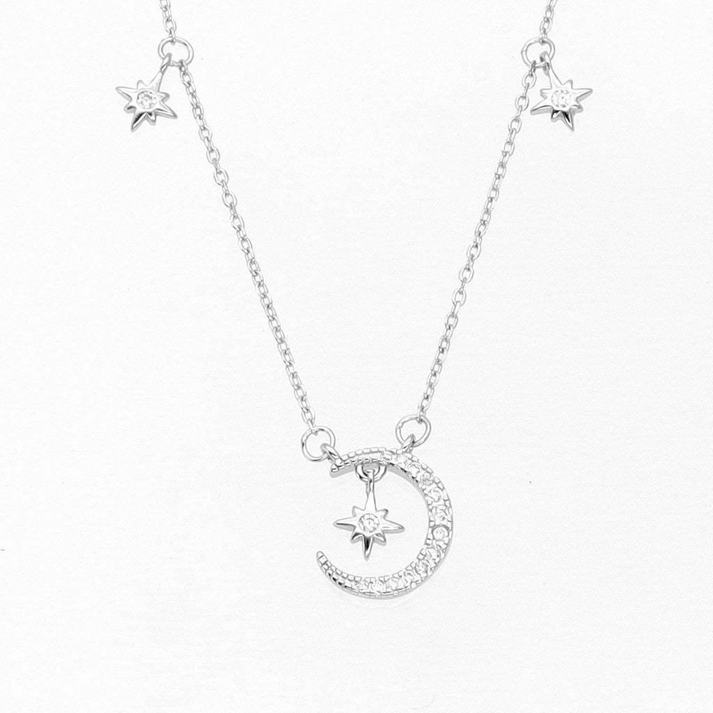 Sterling Silver Crescent and Stars Necklace-Sterling Silver Necklaces-1-Glitters