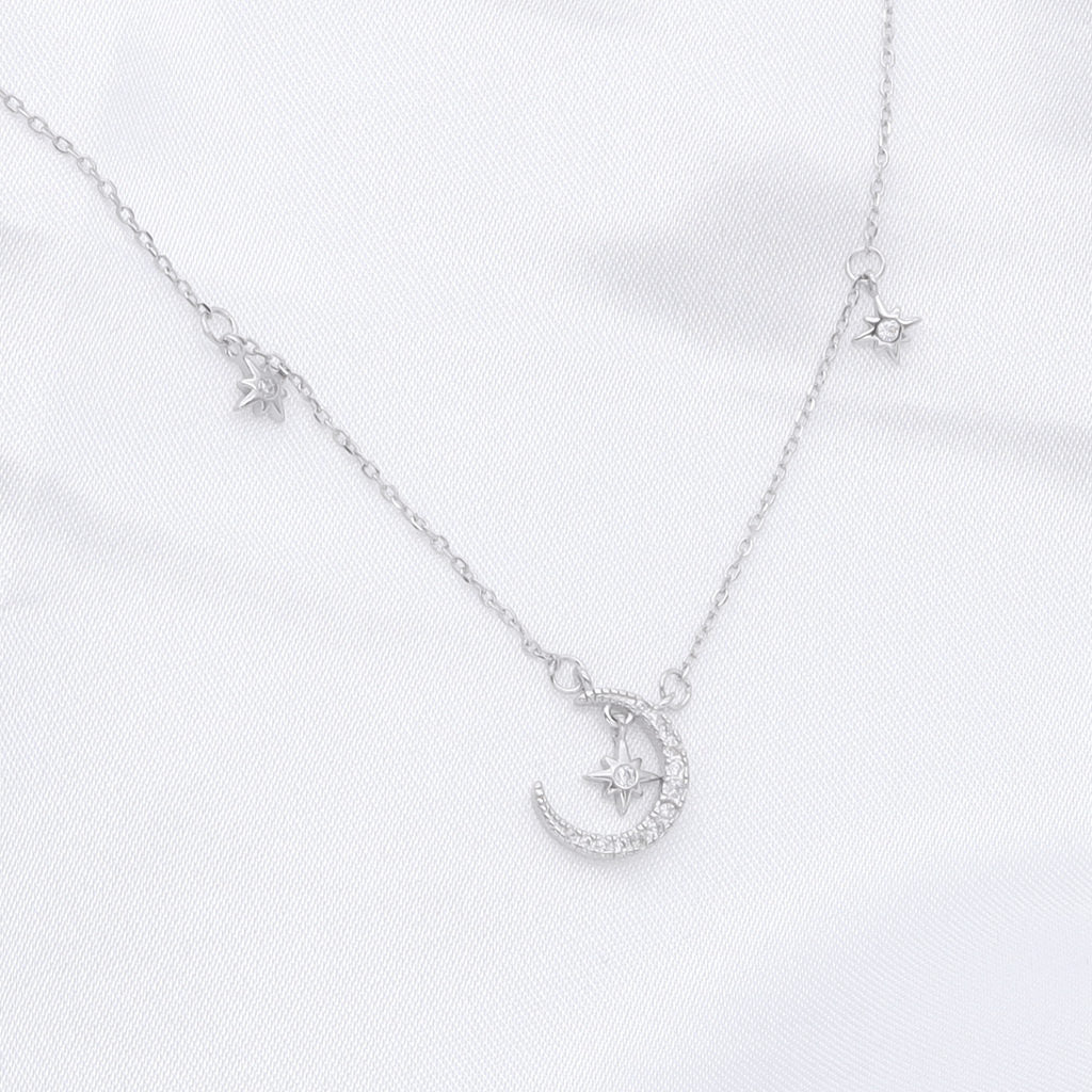 Sterling Silver Crescent and Stars Necklace-Sterling Silver Necklaces-2-Glitters