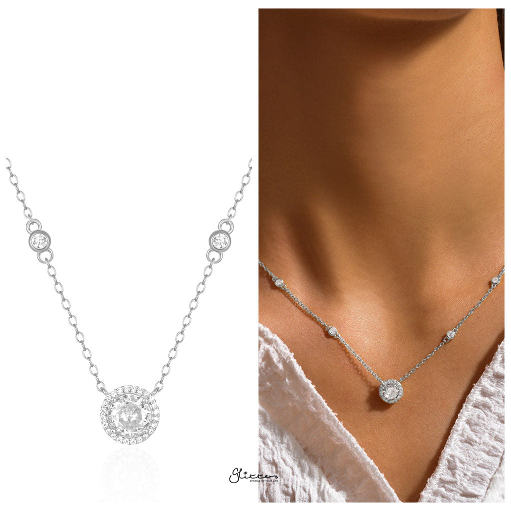 Sterling Silver Round CZ Charm Necklace - Silver-Sterling Silver Necklaces-2-Glitters