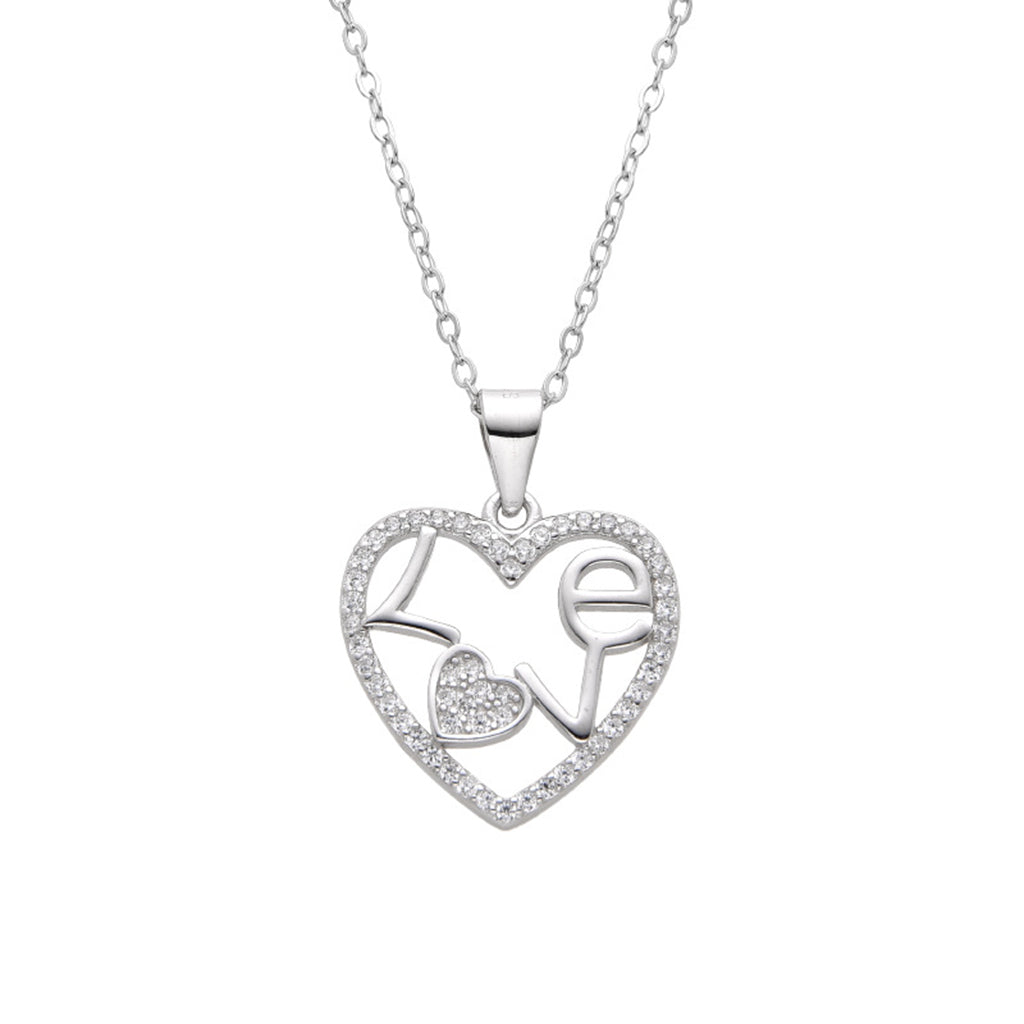 Sterling Silver Love Heart Pendant Necklace with CZ Accents-Sterling Silver Necklaces-1-Glitters
