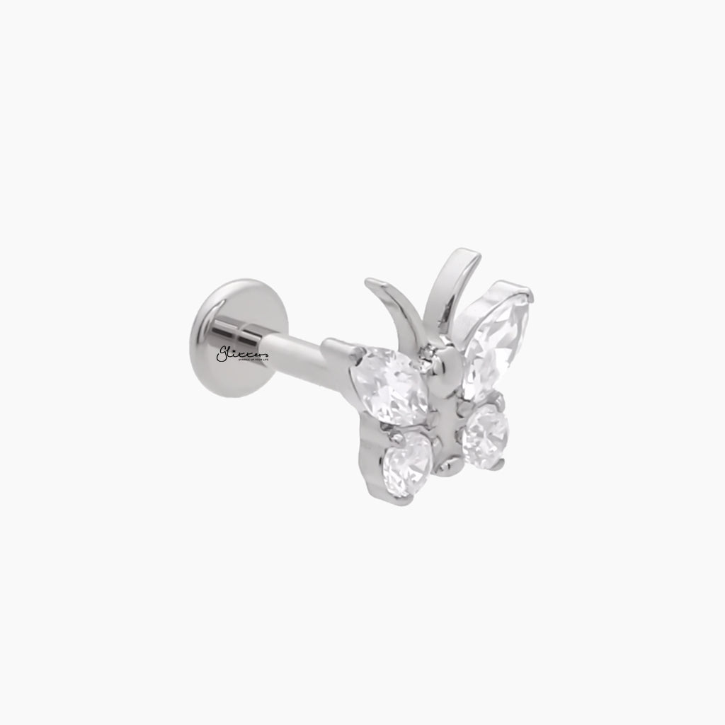 CZ Butterfly Top Internally Threaded Titanium Flat Back Stud-Tragus | Cartilage | Daith | Conch-3-Glitters