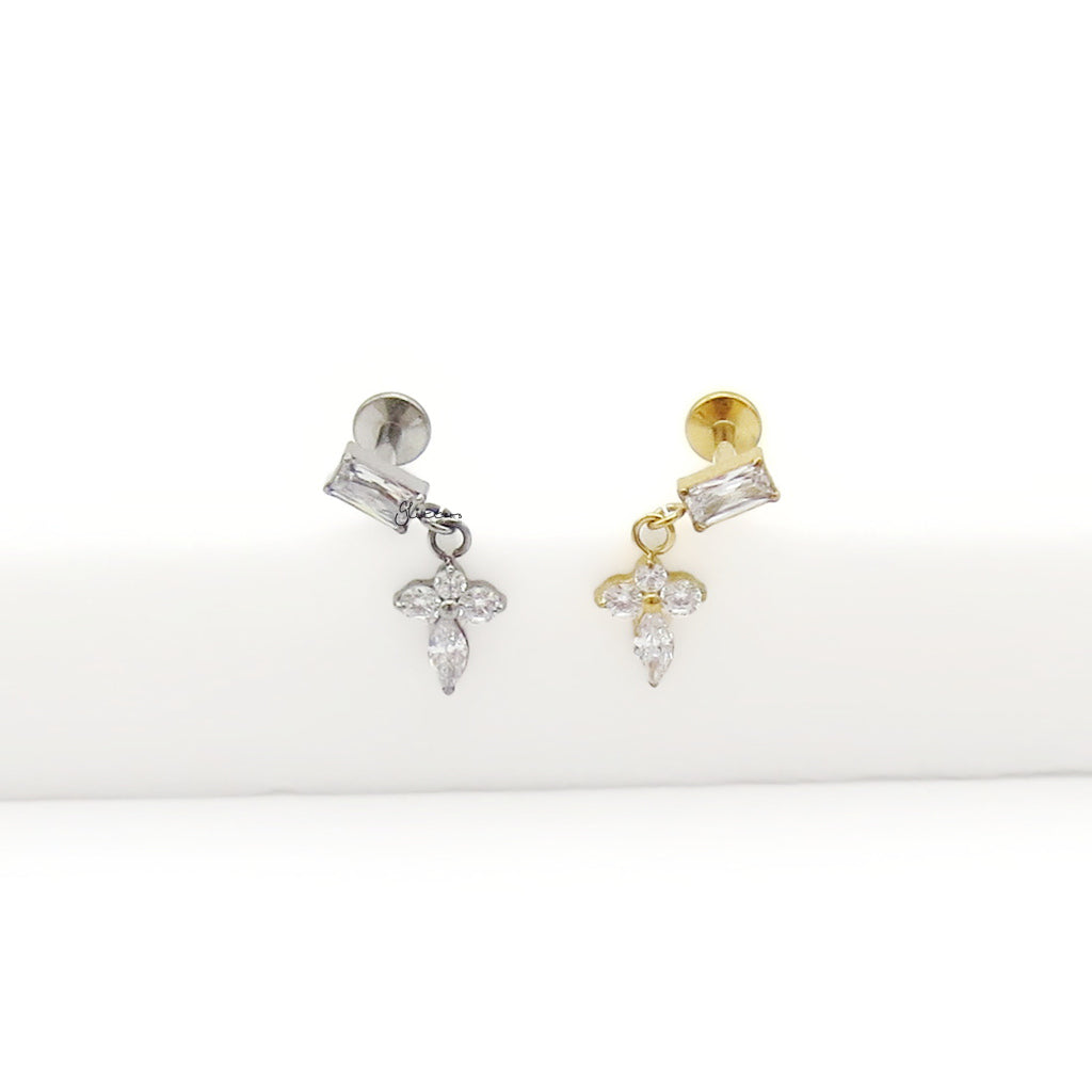 Baguette & Marquise Flower Dangle Titanium Flat Back Stud Earring-Tragus | Cartilage | Daith | Conch-3-Glitters