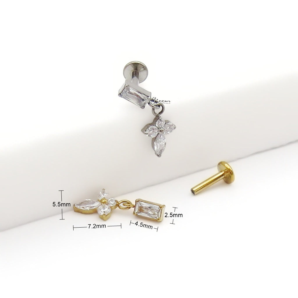 Baguette & Marquise Flower Dangle Titanium Flat Back Stud Earring-Tragus | Cartilage | Daith | Conch-4-Glitters