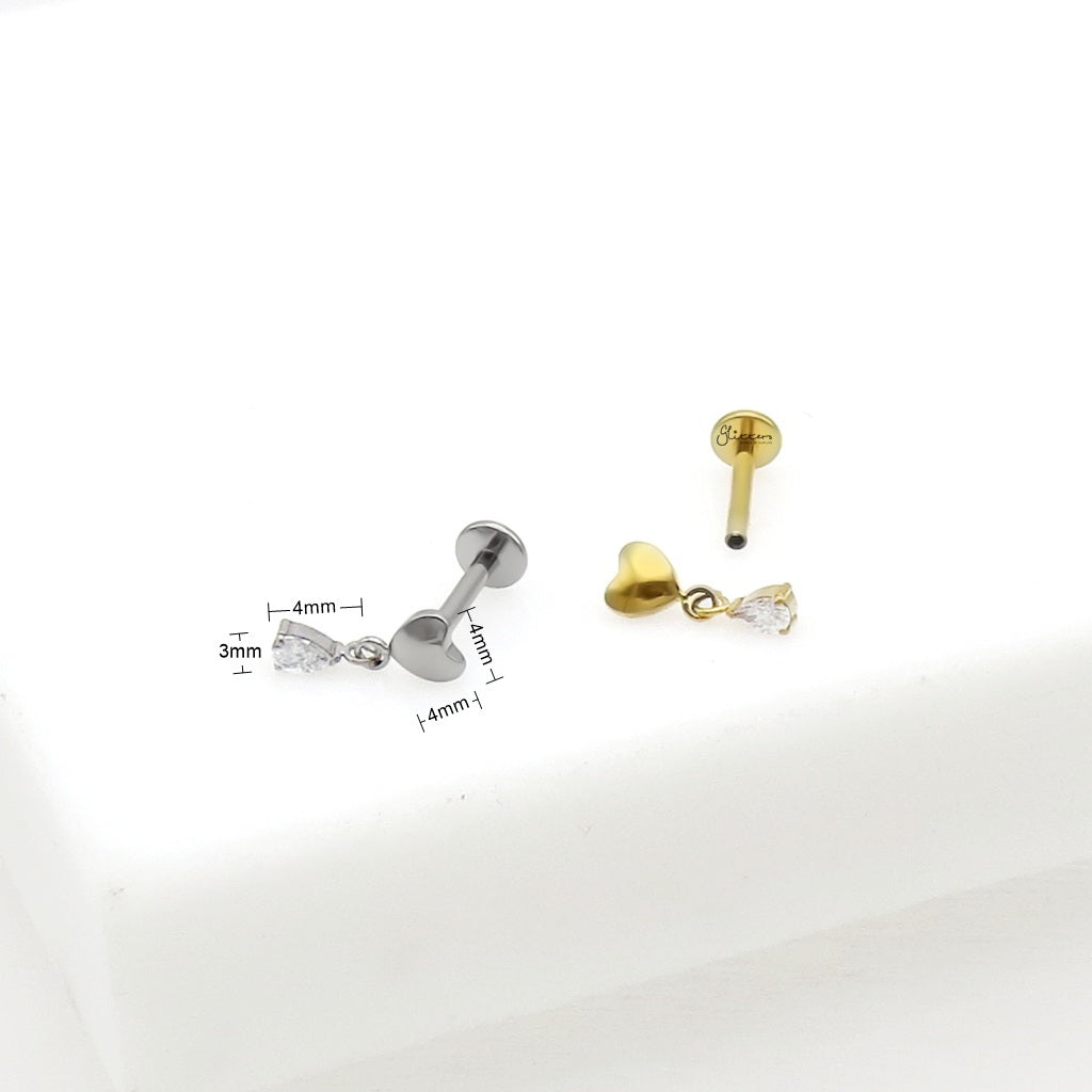 Titanium Heart with Dangle Teardrop CZ Flat Back Stud Earring-Tragus | Cartilage | Daith | Conch-2-Glitters