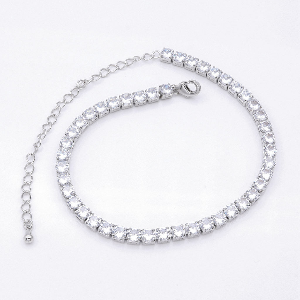 Round Cut C.Z Tennis Chain Anklet - Silver-Ice Out Bracelets-1-Glitters