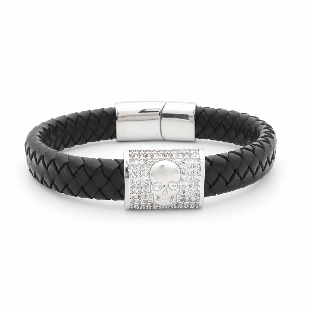 CZ Paved Skull Braided Leather Bracelet-Leather Bracelets-1-Glitters