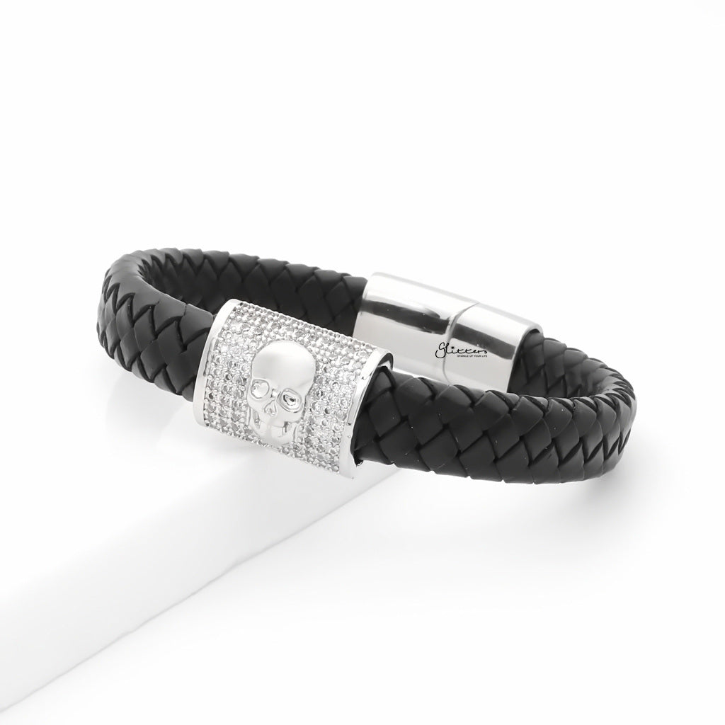 CZ Paved Skull Braided Leather Bracelet-Leather Bracelets-2-Glitters