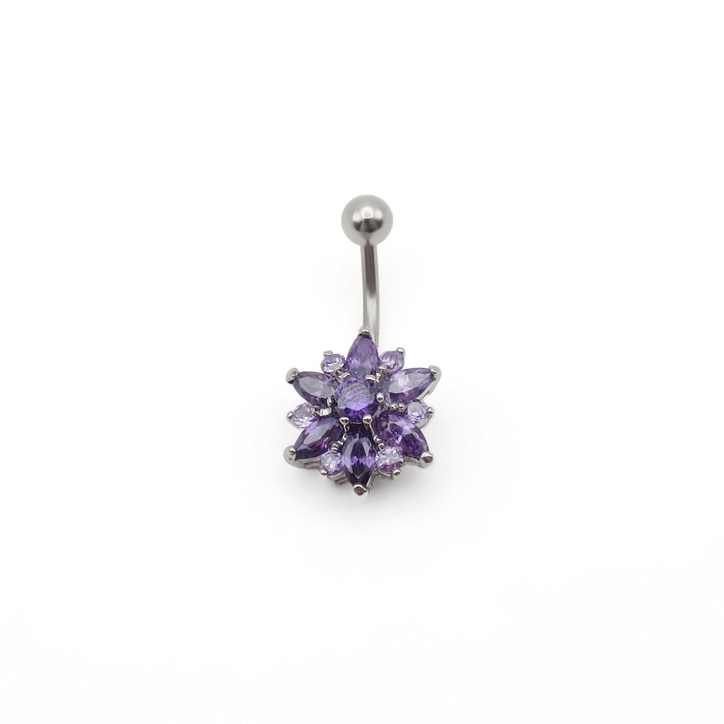 CZ Flower Belly Button Ring - Purple-Belly Rings-1-Glitters