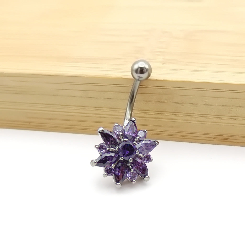 CZ Flower Belly Button Ring - Purple-Belly Rings-2-Glitters