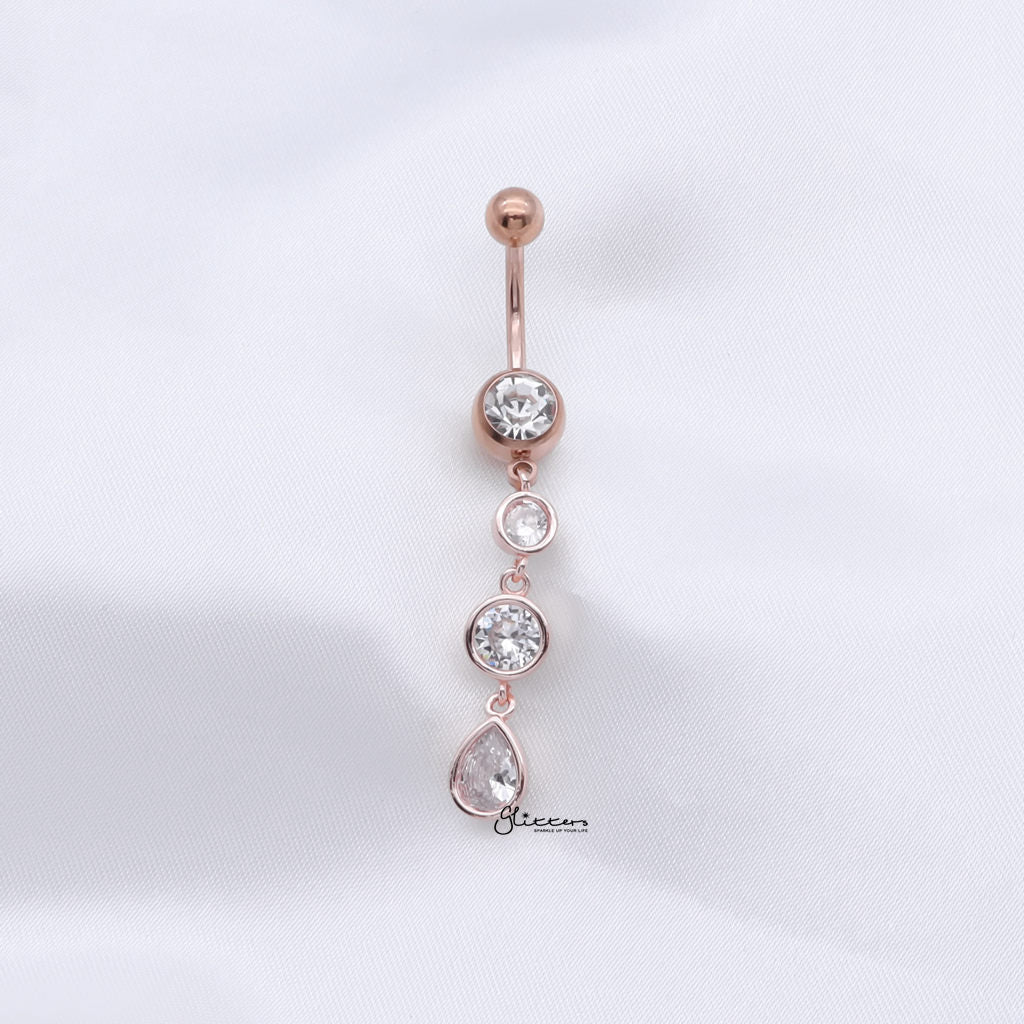Triple CZ Dangle Belly Button Navel Ring - Rose Gold-Belly Rings-2-Glitters
