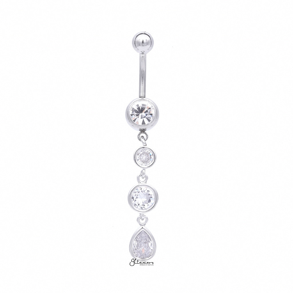 Triple CZ Dangle Belly Button Navel Ring - Silver-Belly Rings-1-Glitters