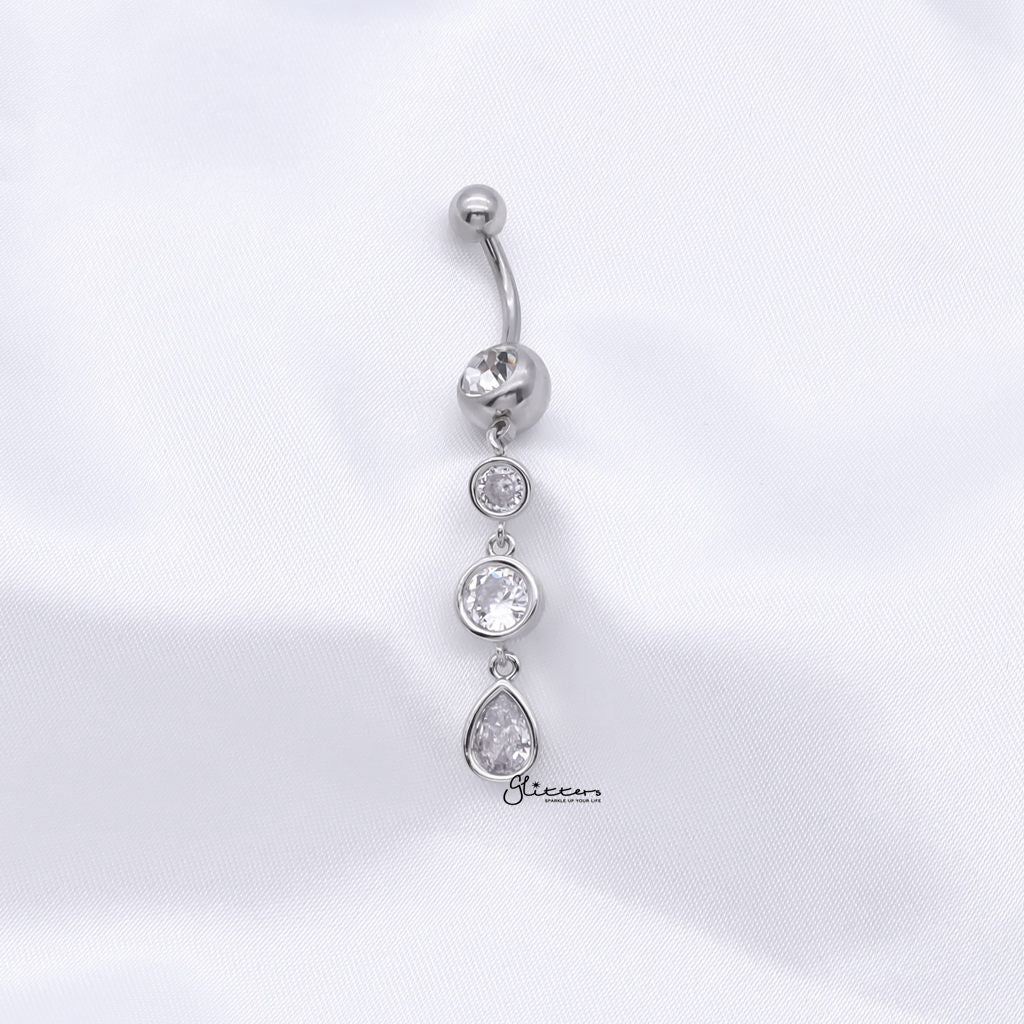 Triple CZ Dangle Belly Button Navel Ring - Silver-Belly Rings-2-Glitters