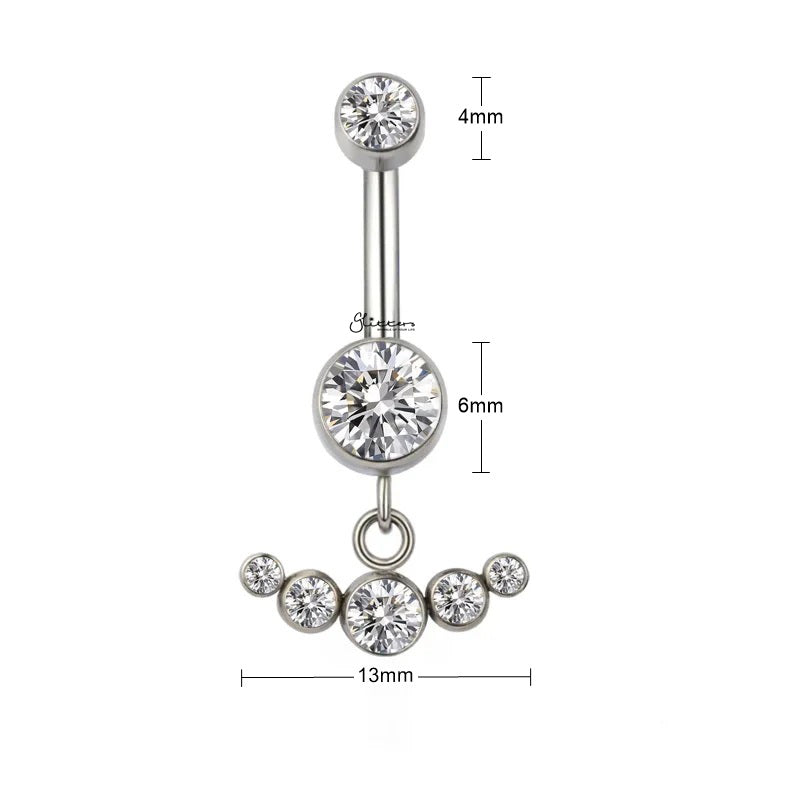 Titanium Double CZ With Dangle CZ Curved Line Belly Button Ring-Belly Rings-3-Glitters