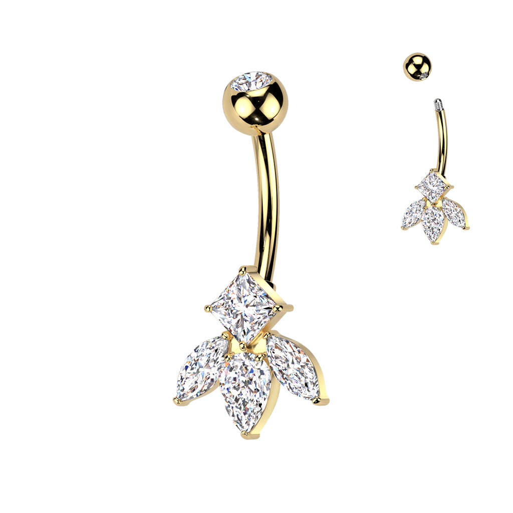 Marquise And Diamond CZ Flower Titanium Belly Button Ring - Gold-Belly Rings-1-Glitters