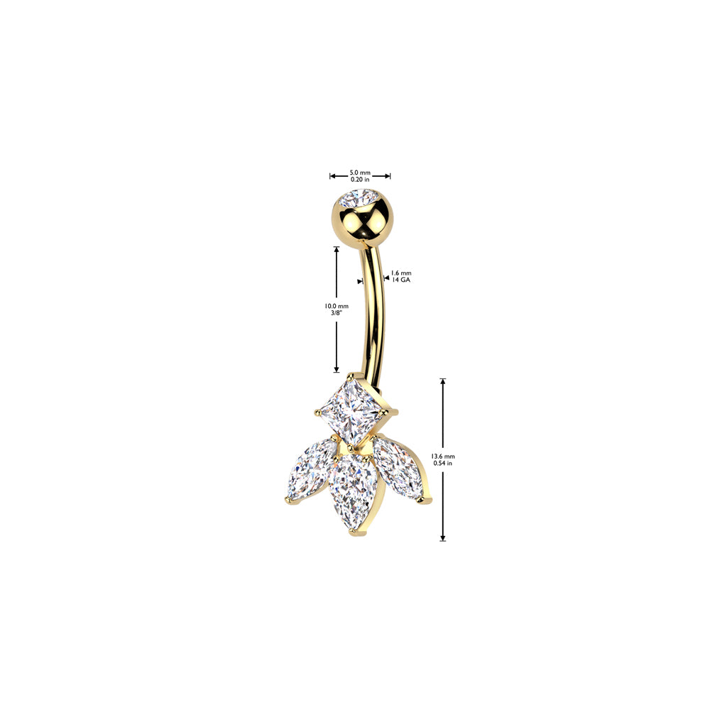 Marquise And Diamond CZ Flower Titanium Belly Button Ring - Gold-Belly Rings-2-Glitters