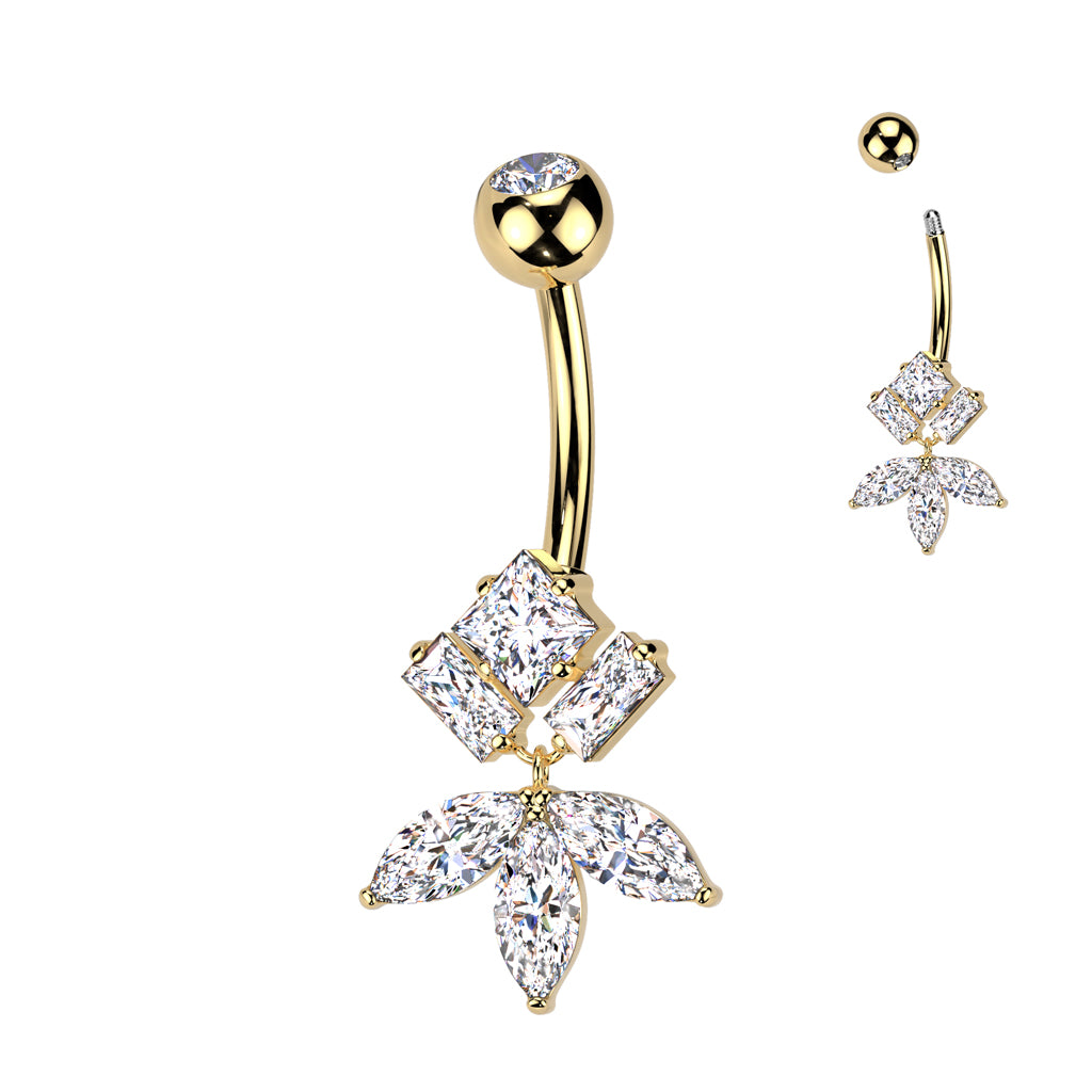 Diamond CZ And Marquise CZ Fan Dangle Titanium Belly Button Ring - Gold-Belly Rings-1-Glitters