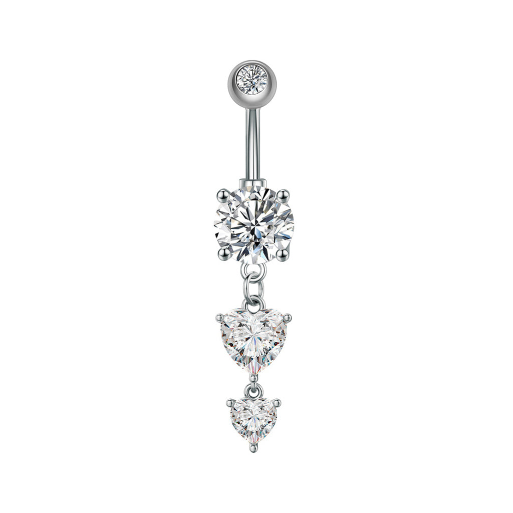 Heart CZ Dangle Belly Button Navel Ring - Silver-Belly Rings-1-Glitters