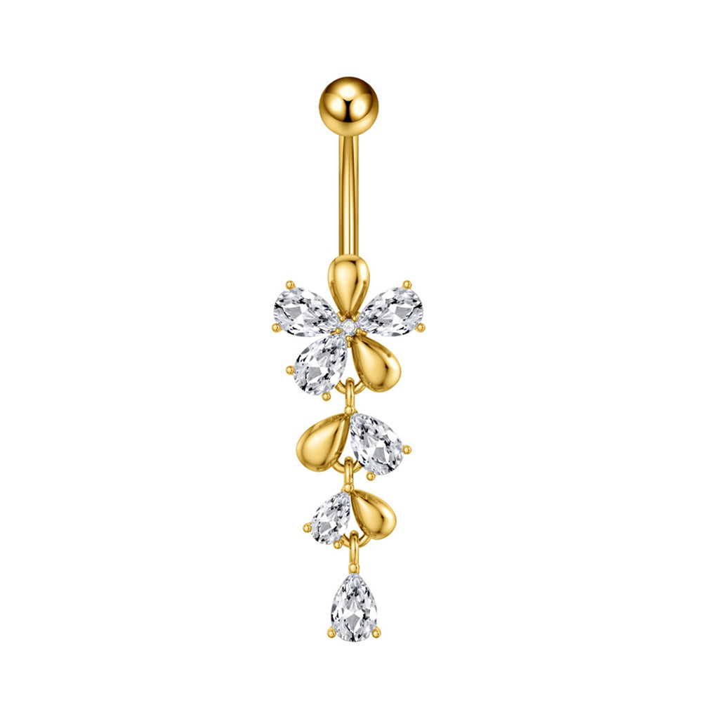Flower CZ Dangle Belly Button Navel Ring - Gold-Belly Rings-1-Glitters