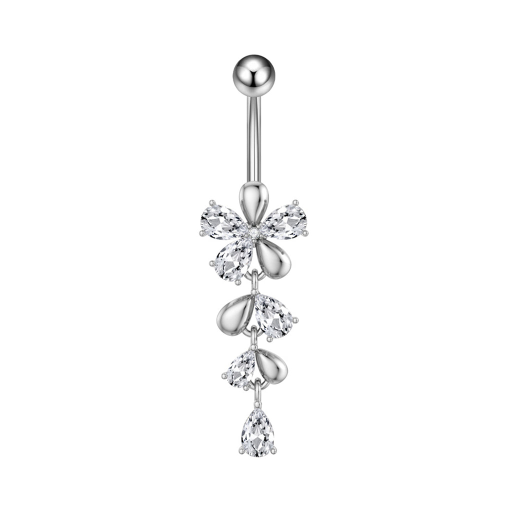 Flower CZ Dangle Belly Button Navel Ring - Silver-Belly Rings-1-Glitters