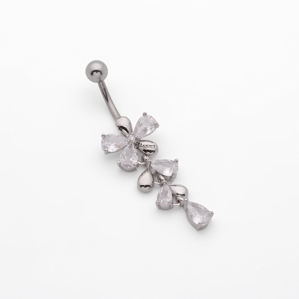 Flower CZ Dangle Belly Button Navel Ring - Silver-Belly Rings-2-Glitters