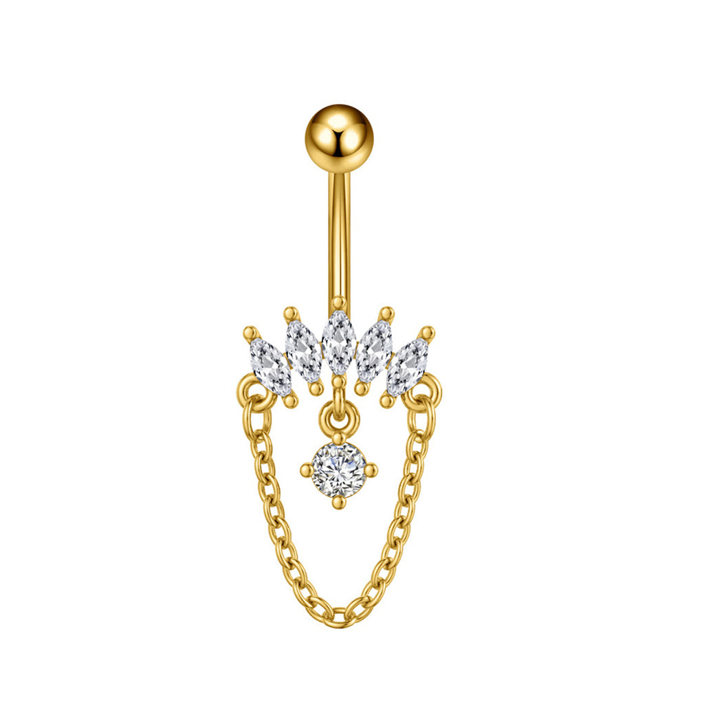 5 Marquise CZ and Chain Dangle Belly Button Navel Ring - Gold-Belly Rings-1-Glitters
