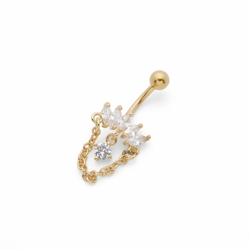 5 Marquise CZ and Chain Dangle Belly Button Navel Ring - Gold-Belly Rings-2-Glitters