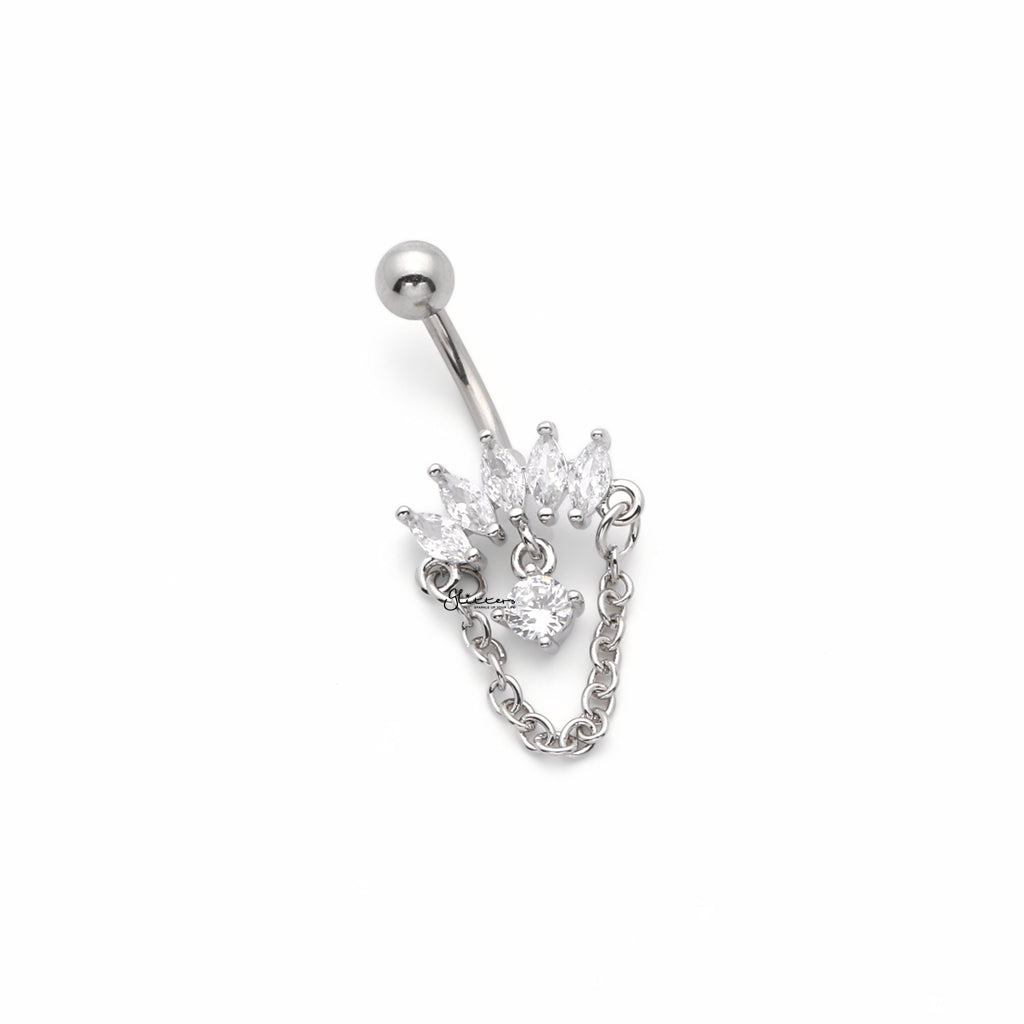 5 Marquise CZ and Chain Dangle Belly Button Navel Ring - Silver-Belly Rings-2-Glitters