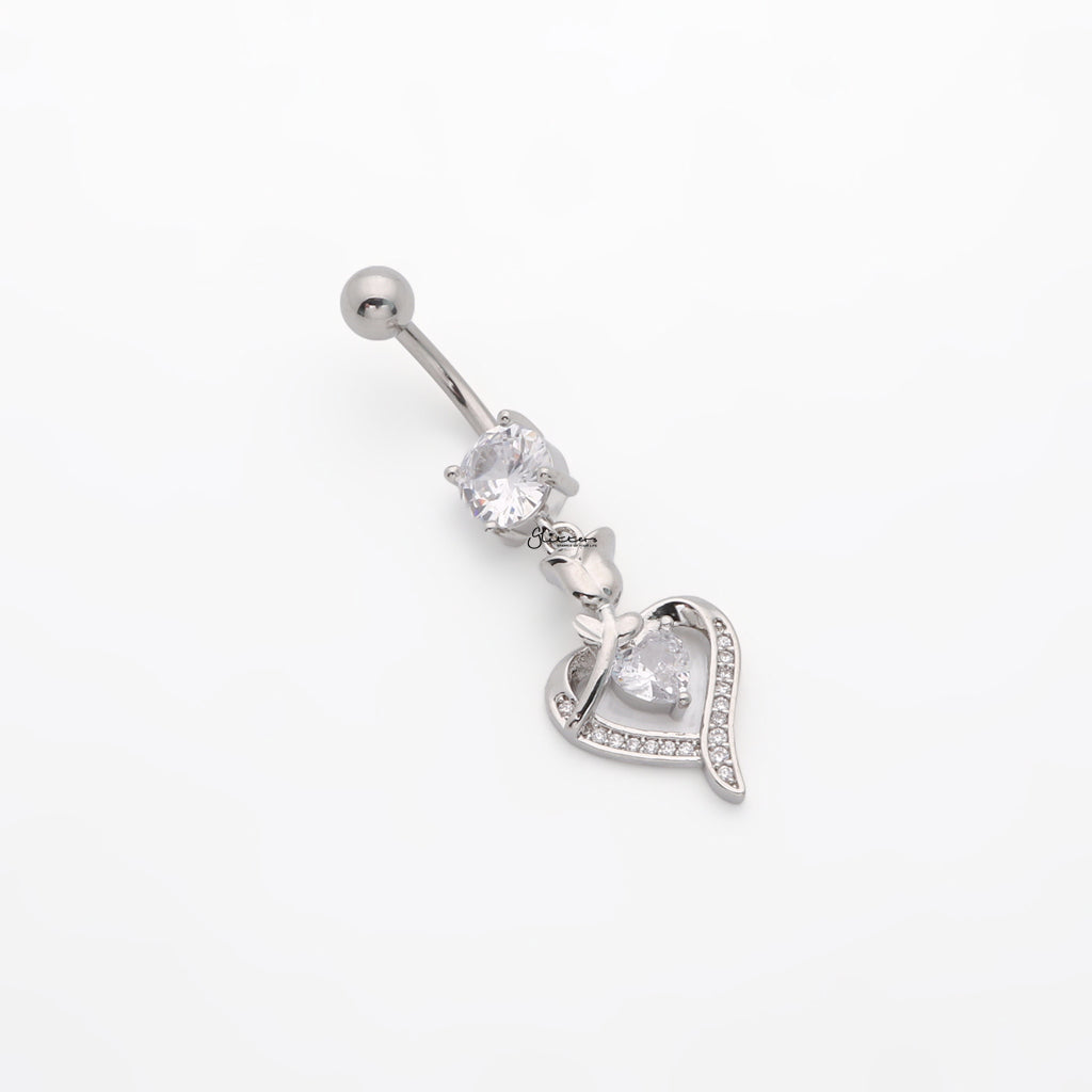 Rose and Heart CZ Dangle Belly Button Navel Ring - Silver-Belly Rings-2-Glitters