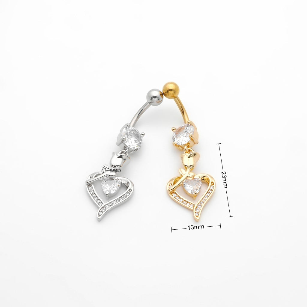 Rose and Heart CZ Dangle Belly Button Navel Ring - Gold-Belly Rings-2-Glitters