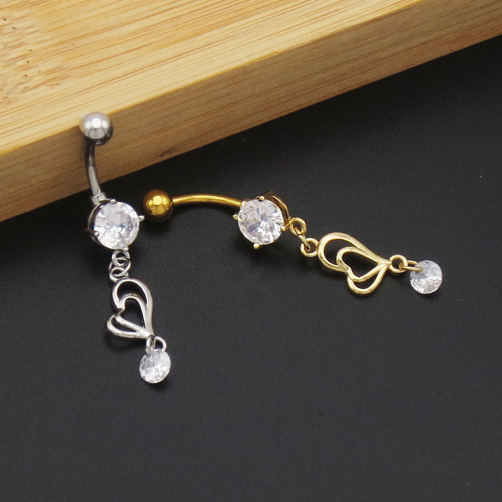 Double Heart with CZ Dangle Belly Button Ring - Gold
