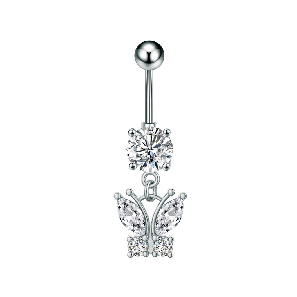 CZ Butterfly Dangle Belly Button Navel Ring - Silver