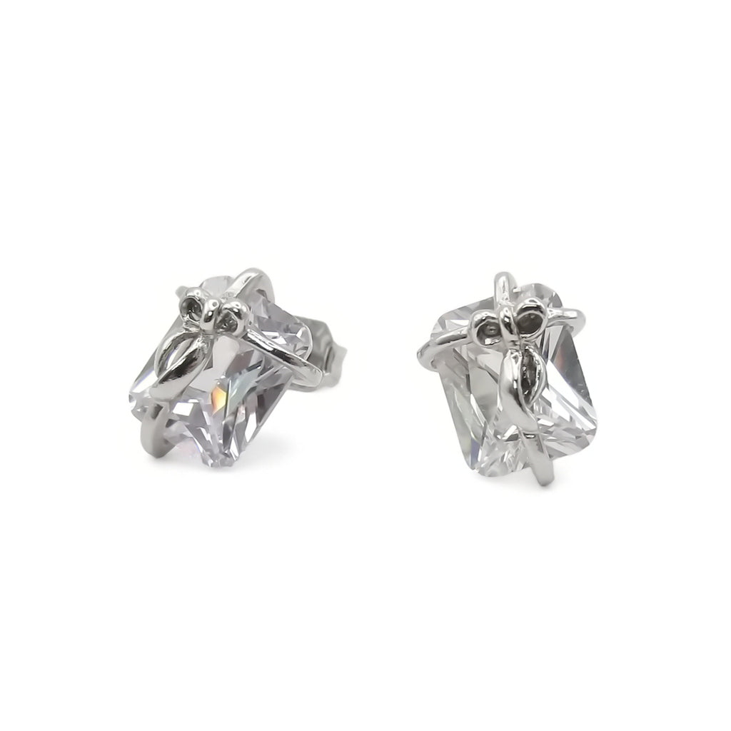 Rectangle CZ Bow-Wrapped Stud Earrings-Stud Earrings-1-Glitters