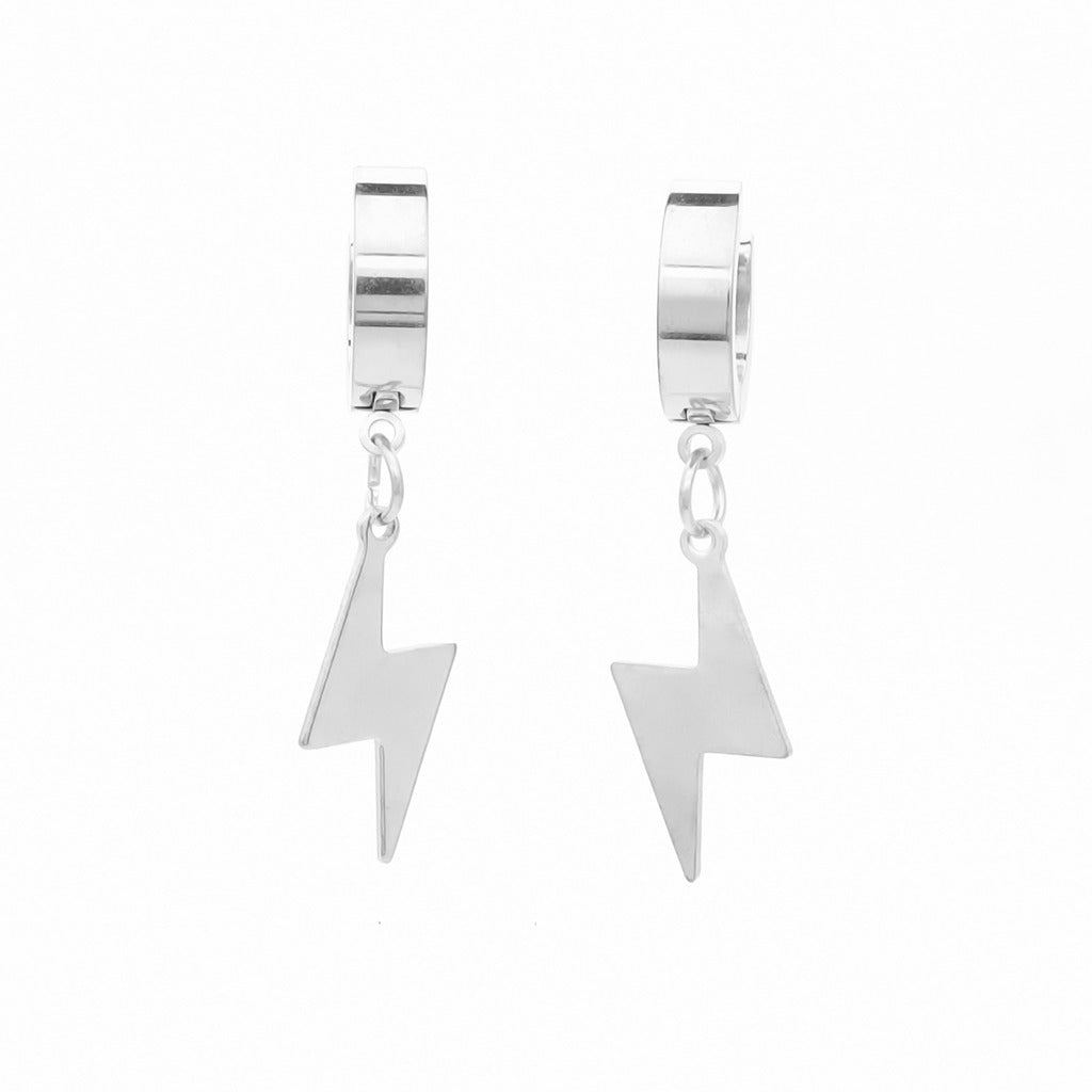 Stainless Steel Lightning Bolt Huggie Hoop Earrings - Silver-Hoop Earrings-1-Glitters