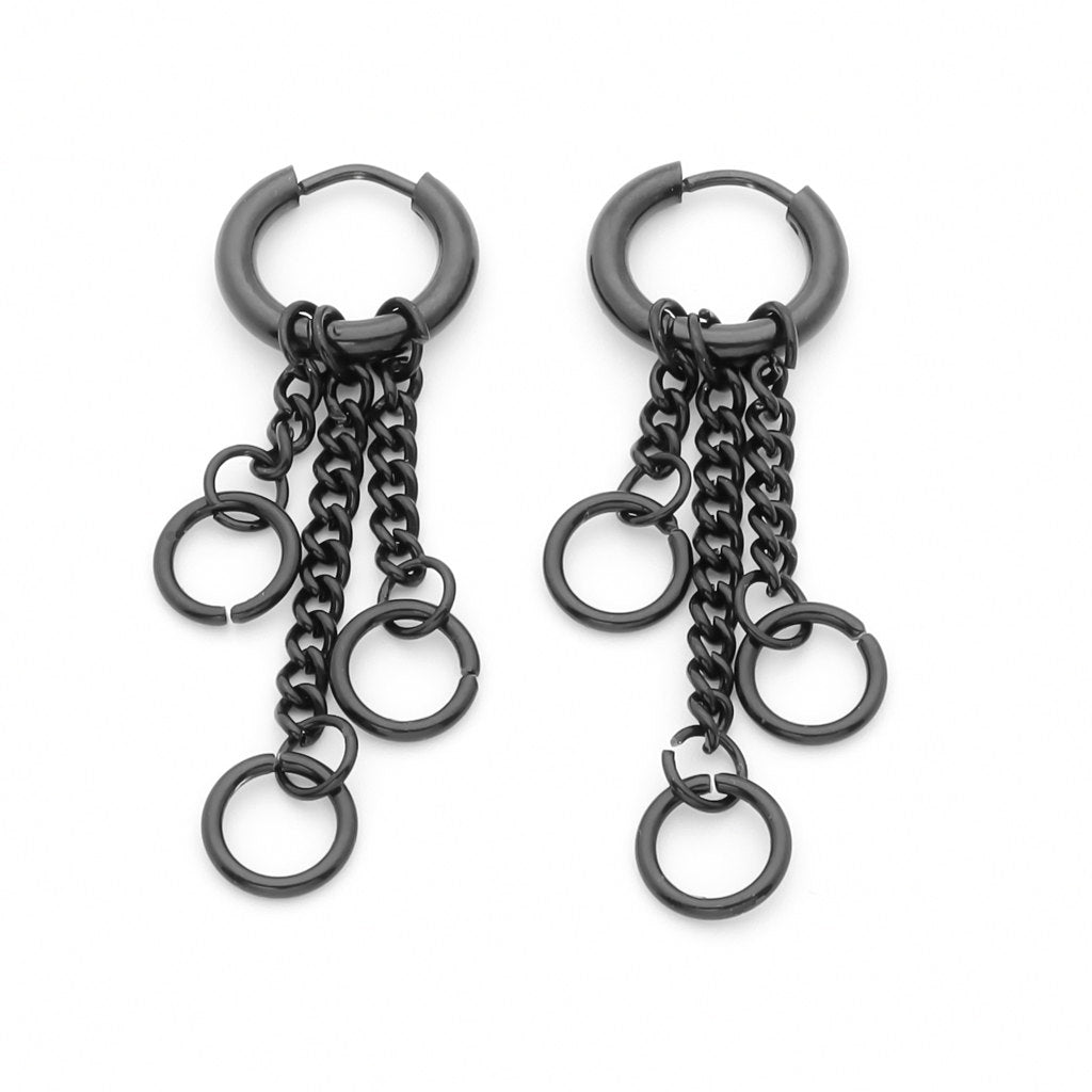 Stainless Steel 3 Drop Chains Huggie Hoop Earrings - Black-Hoop Earrings-1-Glitters