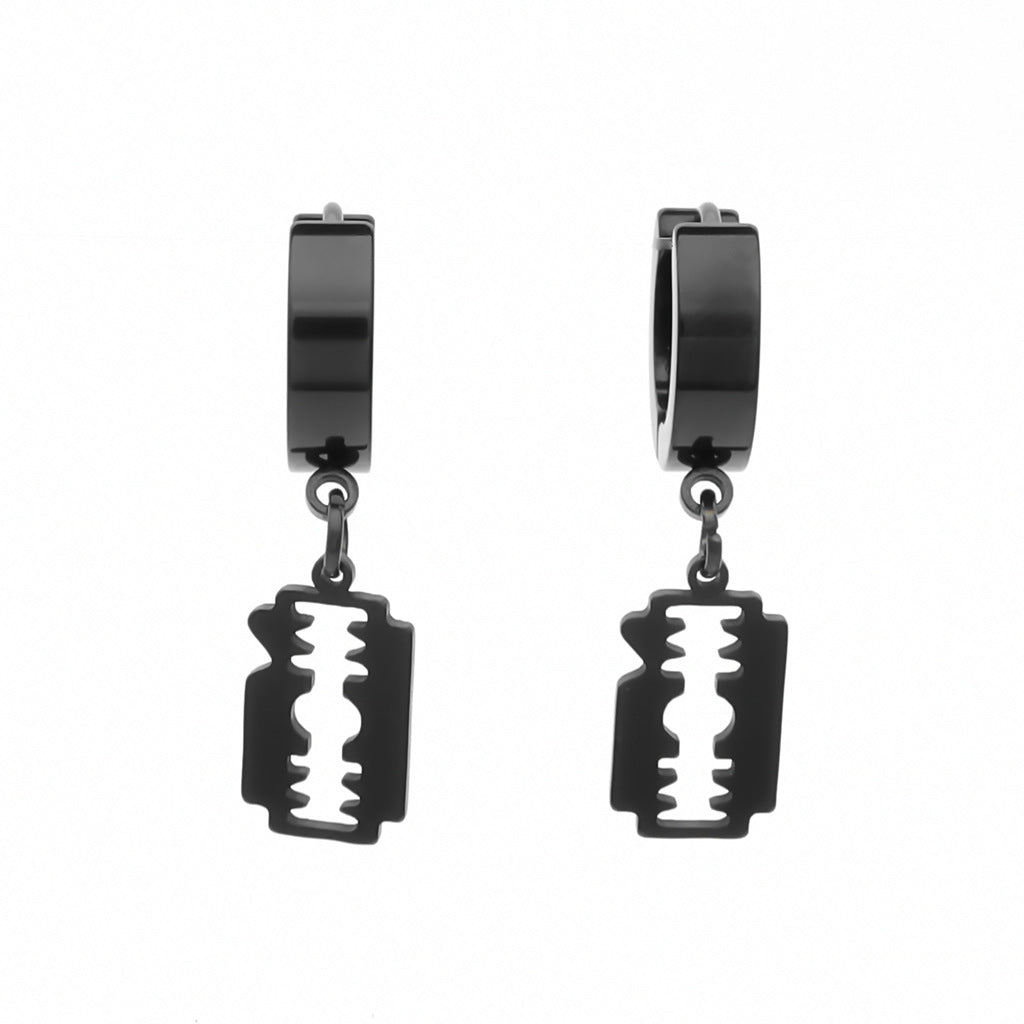 Stainless Steel Huggie Hoop Earrings with Razor Blade Charm - Black-Hoop Earrings-1-Glitters